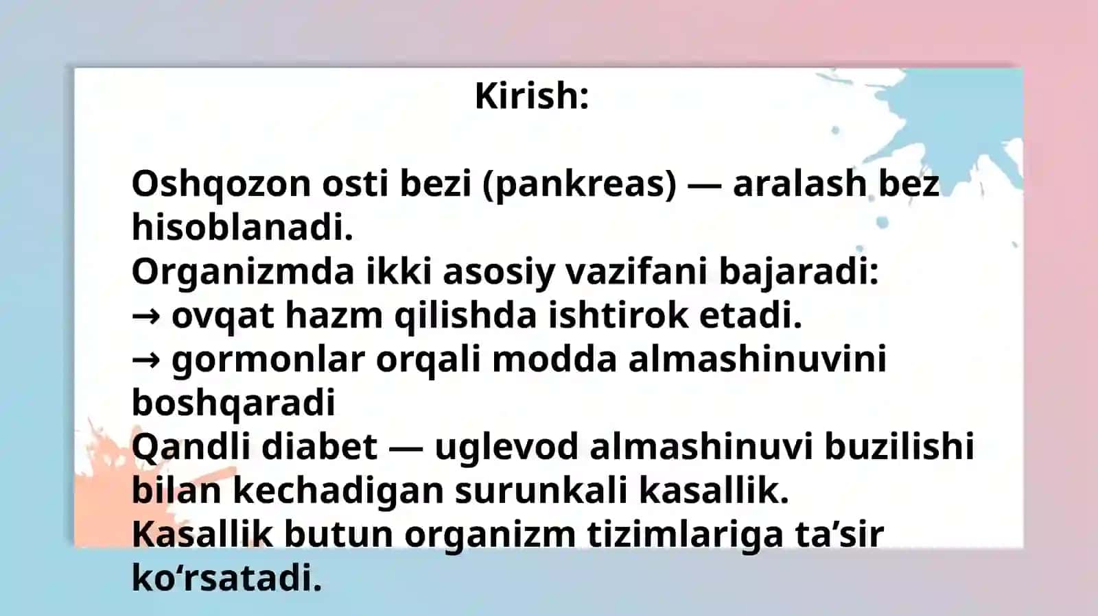 Marğilon Abu Ali ibn Sino nomidagi jamoat salomatligi tibbiyoti texnikumining Davolashishi yo'nalishi 1-kurs 25/12-guruhtalabasi Xomidova Muazzamoyning Anatomiya, fiziologiya va patologiya fanidantayyorlagan Prezentatsiyasi 3