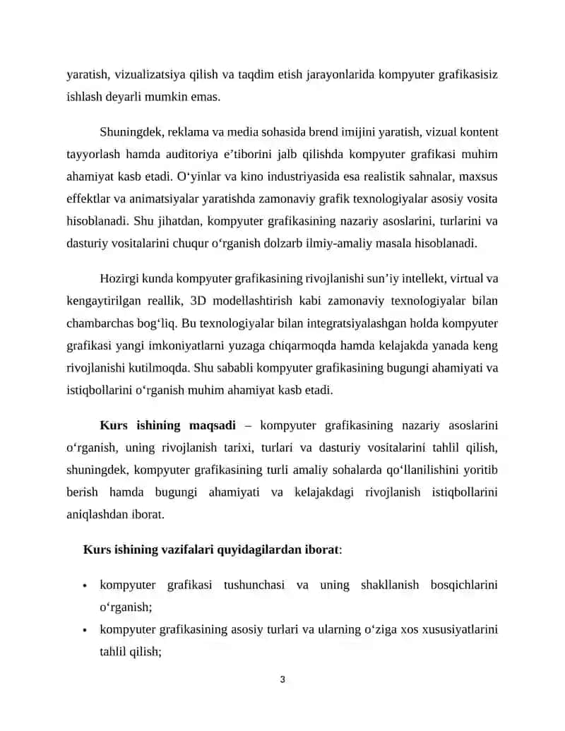 KOMPYUTER GRAFIKASINING ROLI VA UNING AMALIY SOHALARDA QO‘LLANILISHI KURS ISHI 3