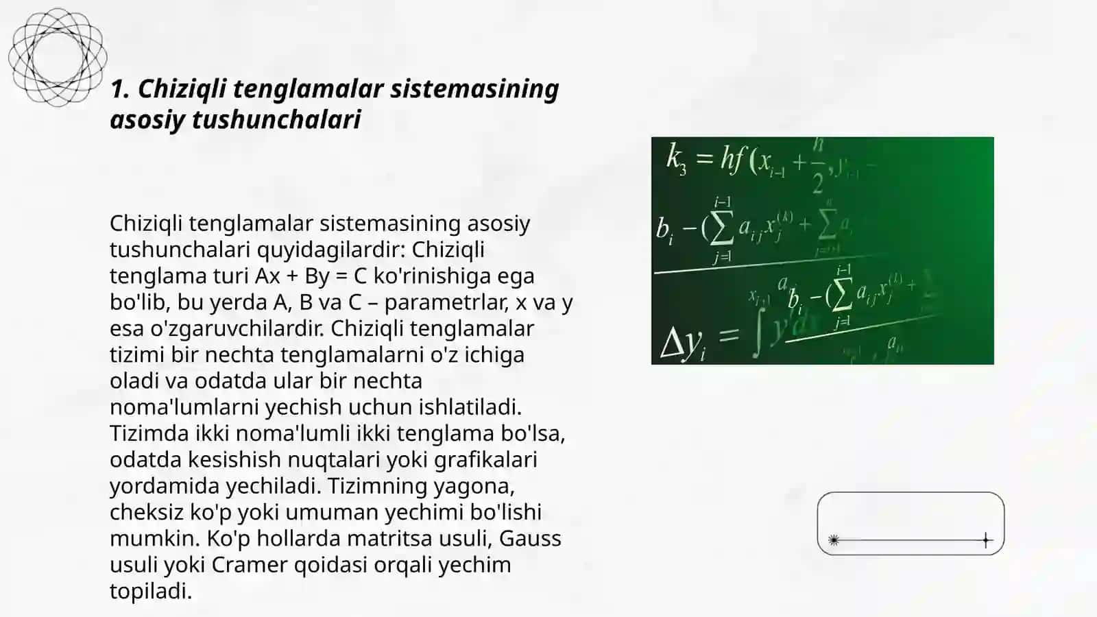 Chiziqli tenglamalar sistemasi va ularni yechish usullari, hayotga tadbiqi 3