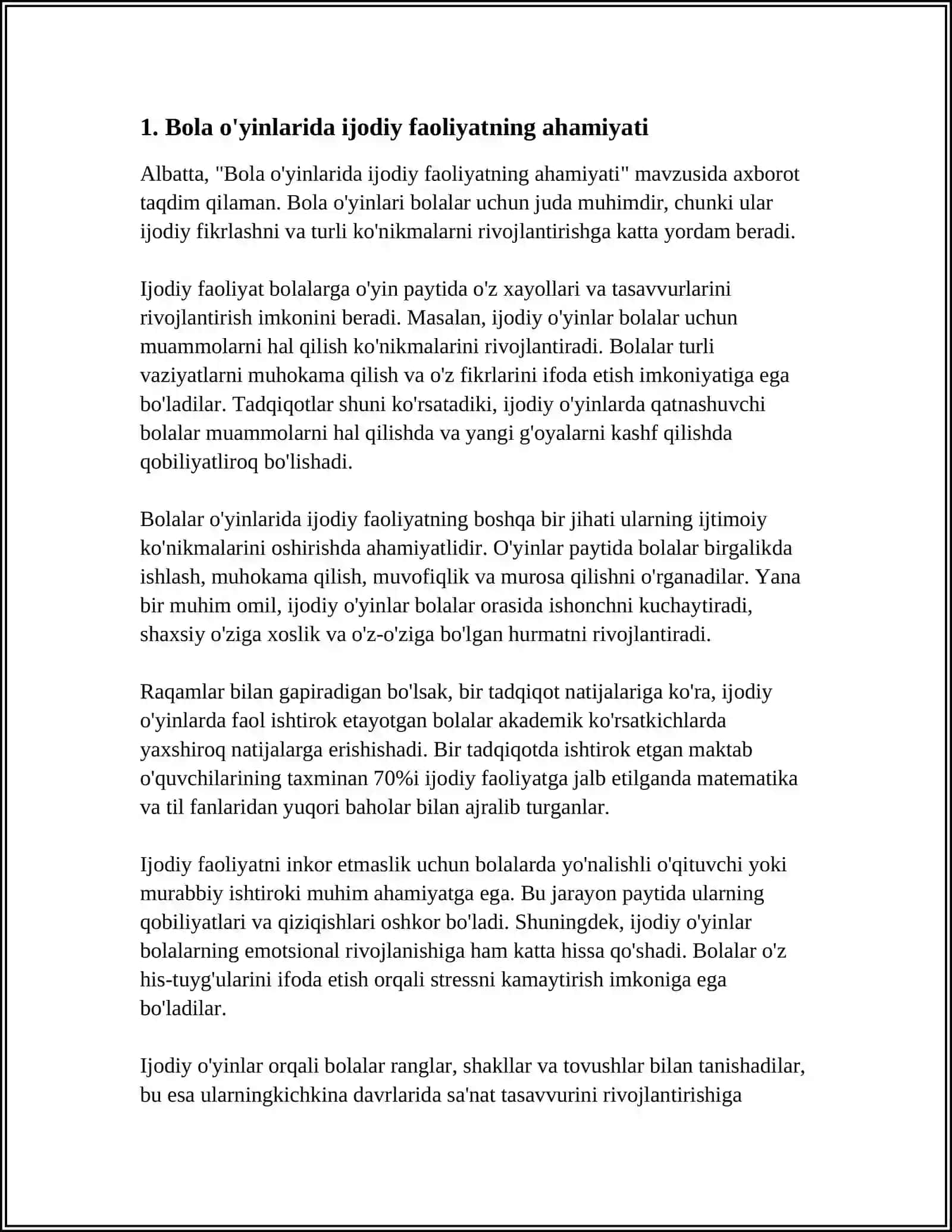 BOLALARNING OʻYIN VA FAOLIYATLARINING IJODIY FAOLIYATIDA FANTAZIYANING AHAMIYATI. XOTIRA OʻQISH FAOLIYATIDA RIVOJLANTIRISHNING VAZIFALARI VA UNING SHART SHAROITLARI 3