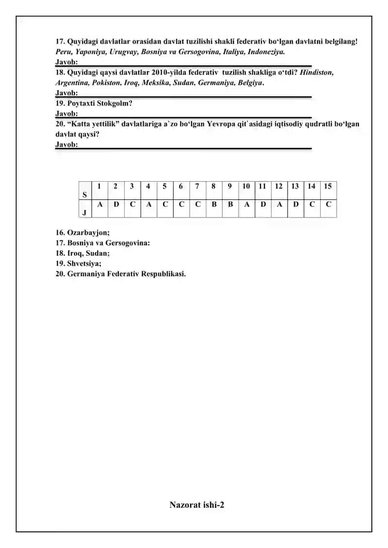 Geografiya fanidan 10-sinf nazorat ishi to`plami. 2-variant. 3