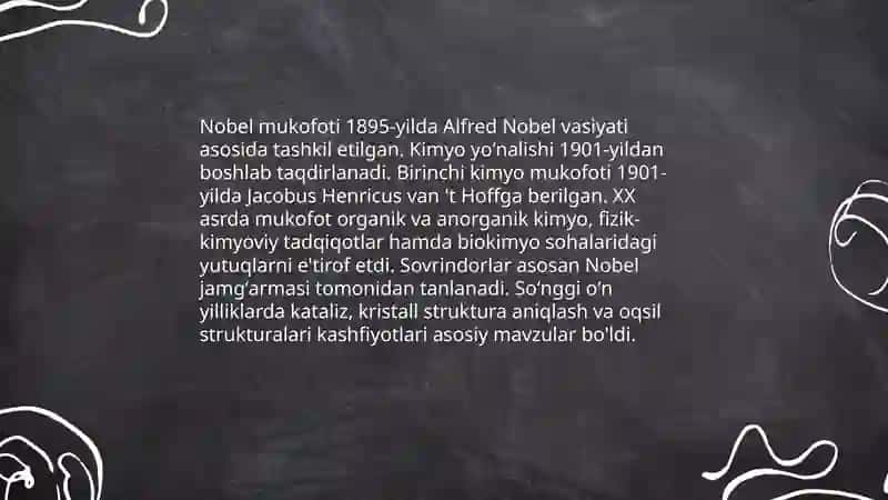 Kimyo sohasidagi Nobel mukofoti sovrindorlari va yutuqlari 3