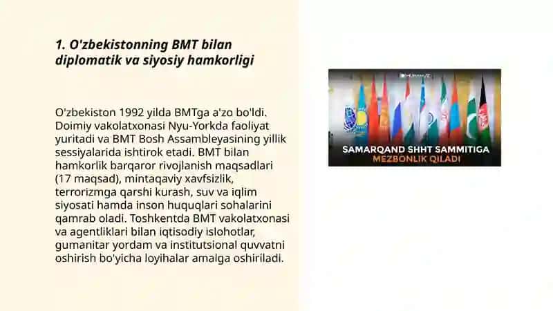 O'zbekistonning BMT bilan diplomatik va siyosiy hamkorligi 3