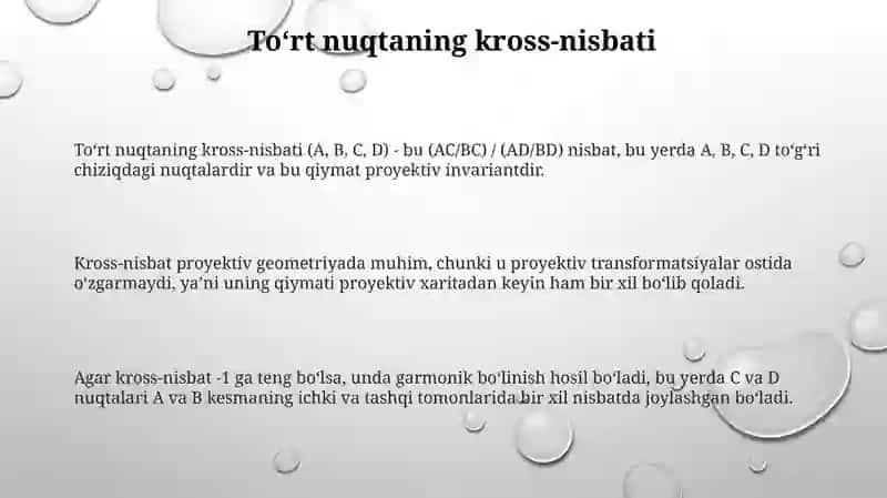 To'rttanuqtaning murakkab nisbat. Proektiv almashtirshlar 3