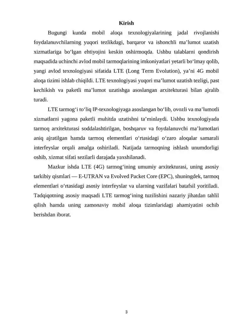 LTE (4G) tarmog'i arxitekturasi va asosiy interfeyslari 3