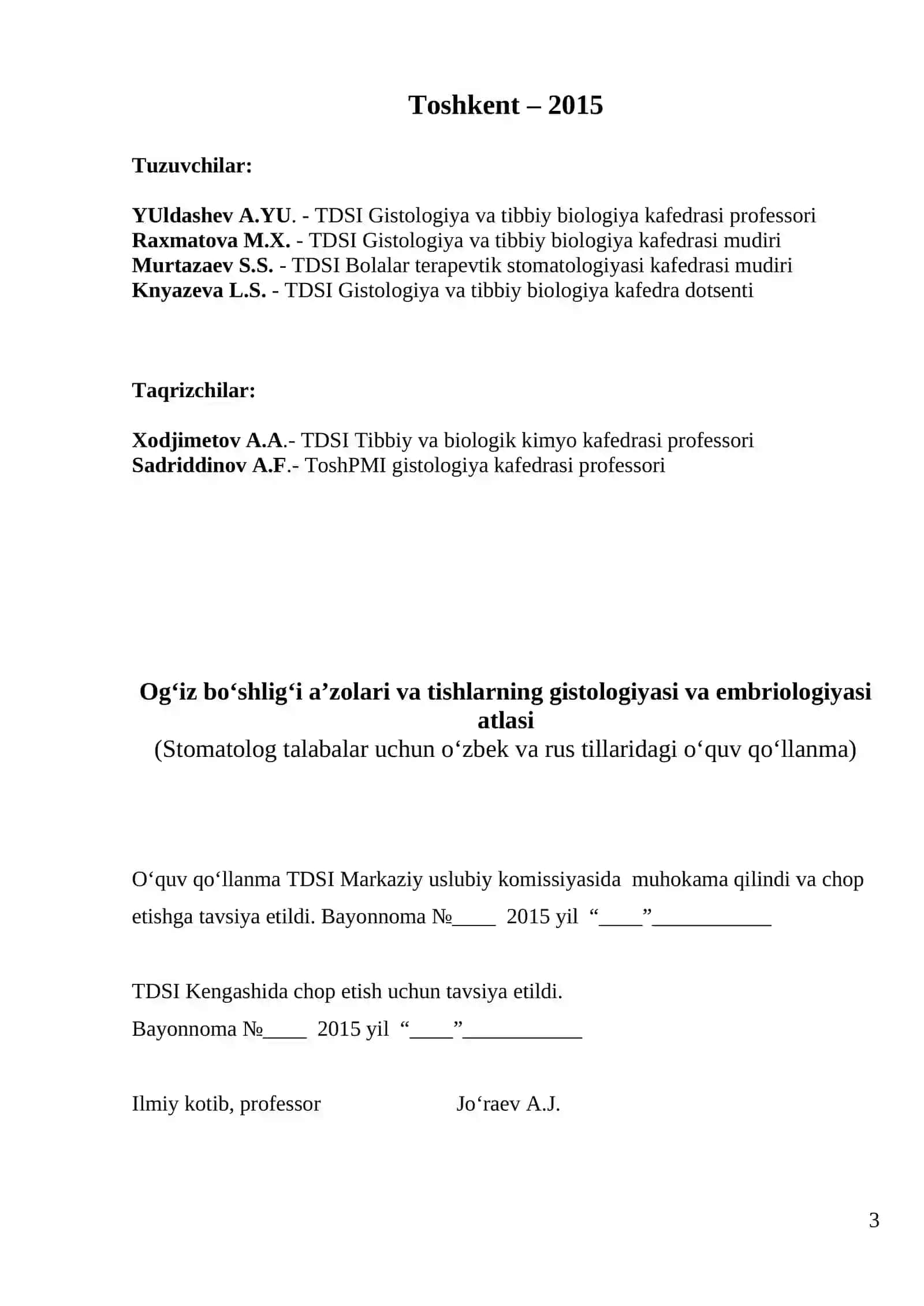 OG‘IZ BO‘SHLIG‘I VA TISHLARNING GISTOLOGIYASI VA EMBRIOLOGIYASI ATLASI 3