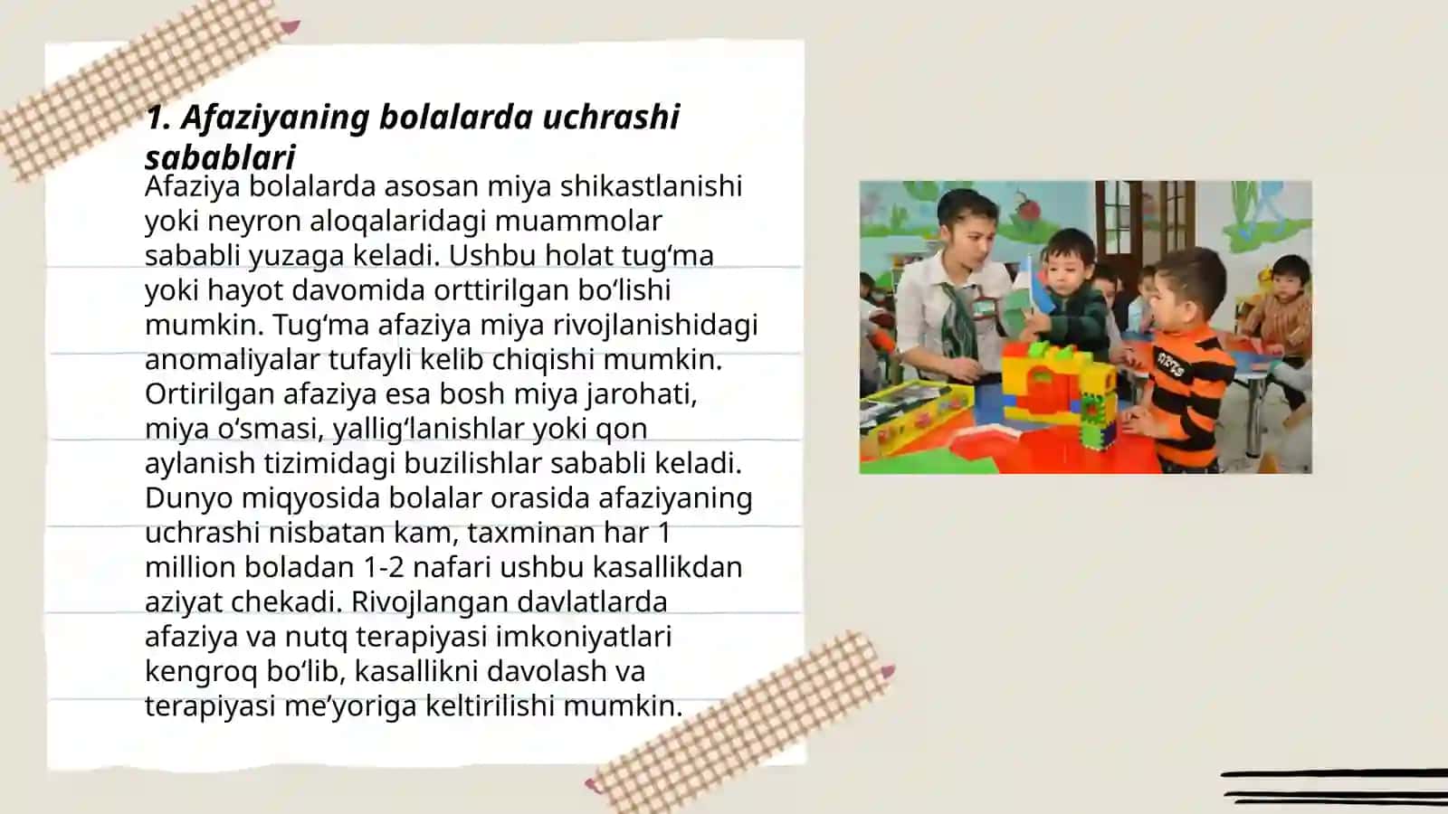 Bolalarda afaziyaning kechish xususiyatlari.Afaziyada korreksion-tarbiyaviy ishlarning asosiy yo'naloshlari 3