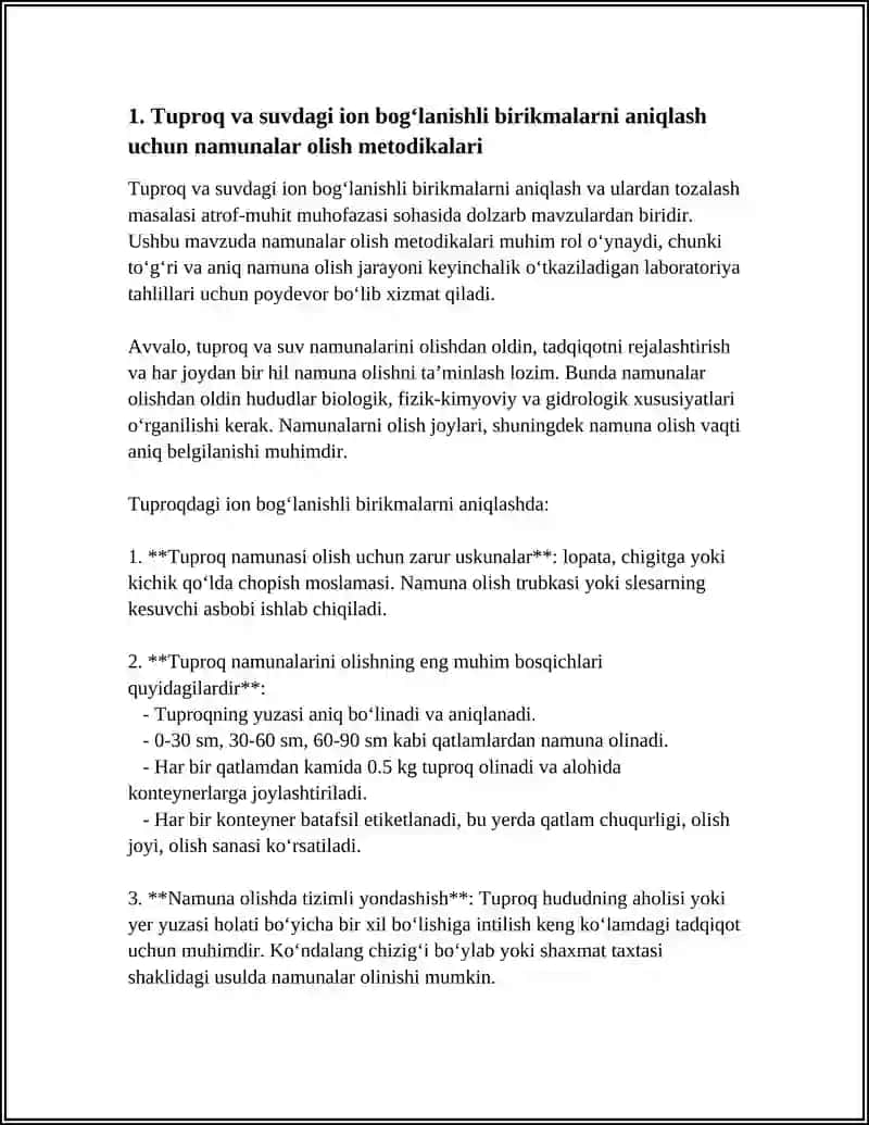 TUPROQ, SUVNING IFLOSLANISHIDA ION BOG‘LANISHLI BIRIKMALARNI ANIQLAB ULARDAN TOZALASH G‘OYASINI ISHLAB CHIQISH 3