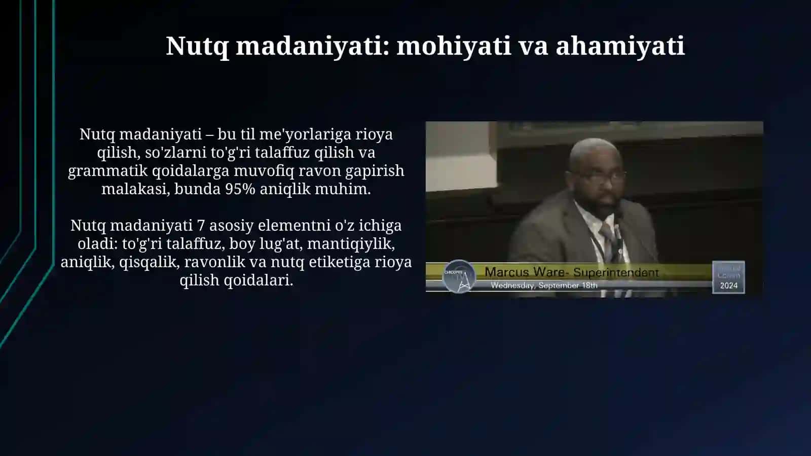 O'qituvchi nutq madaniyatida davlat tilida ish yuritish fanidan tayyorlagan taqdimoti 3