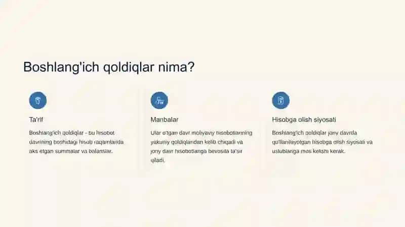 Dastlabki moliyaviy hisobot auditda boshlangʻich qoldiqlar boʻyicha auditning masʼuliyati AXS (auditning xalqaro standarti) 510-son 3