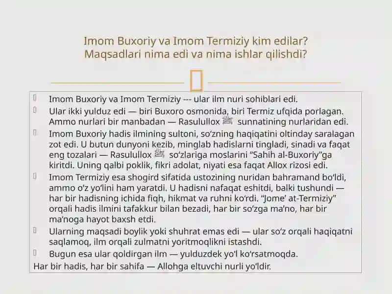 Imom Buxoriy va Imom Termiziy hadis ilmiga qo’shgan hissalarini qiyosiy tahlili 3