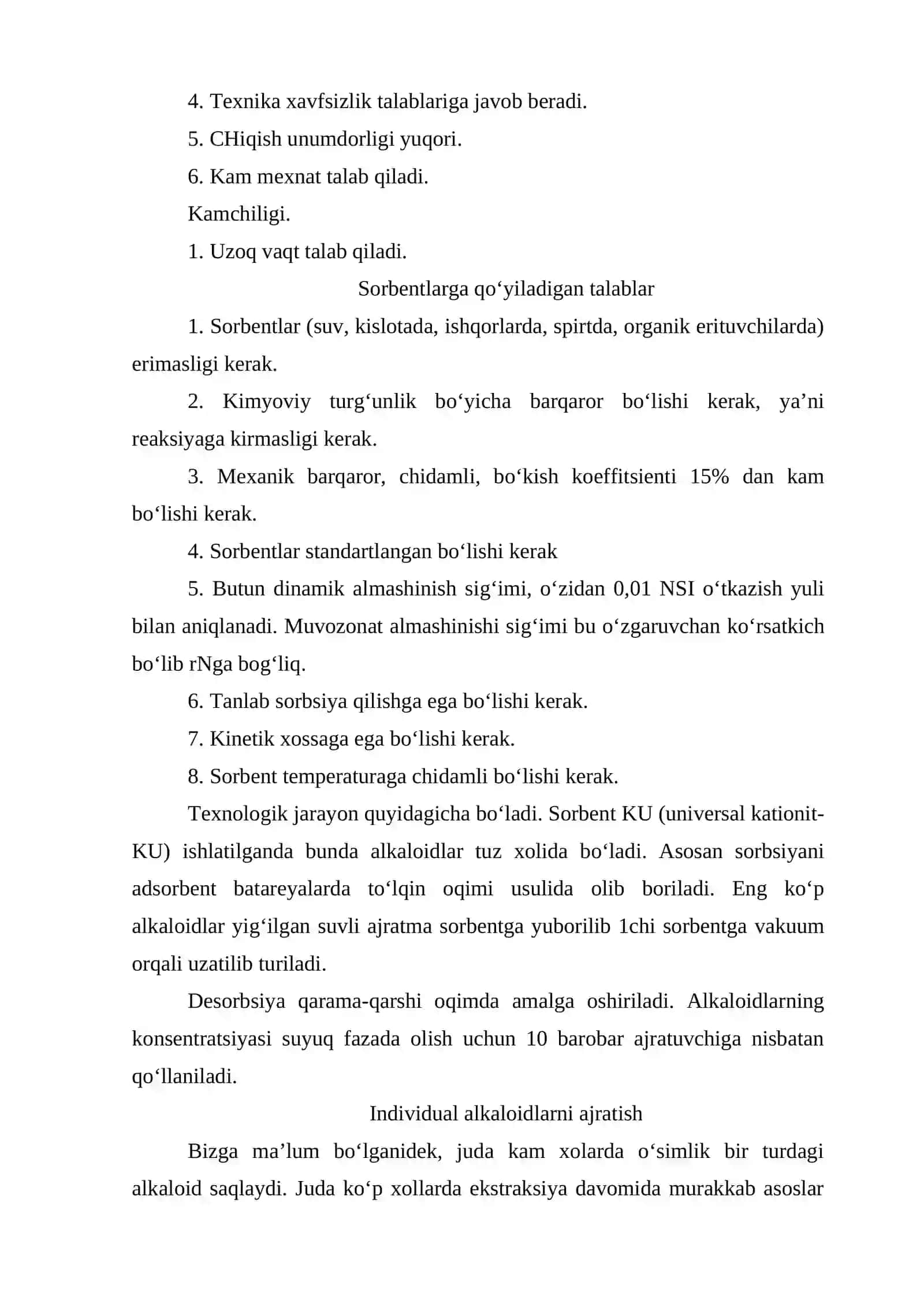 Ion almashinishi bo‘yicha alkaloidlarni olish va tozalash alkaloidlar yig‘indisidan individual alkaloidlarni ajratish 3