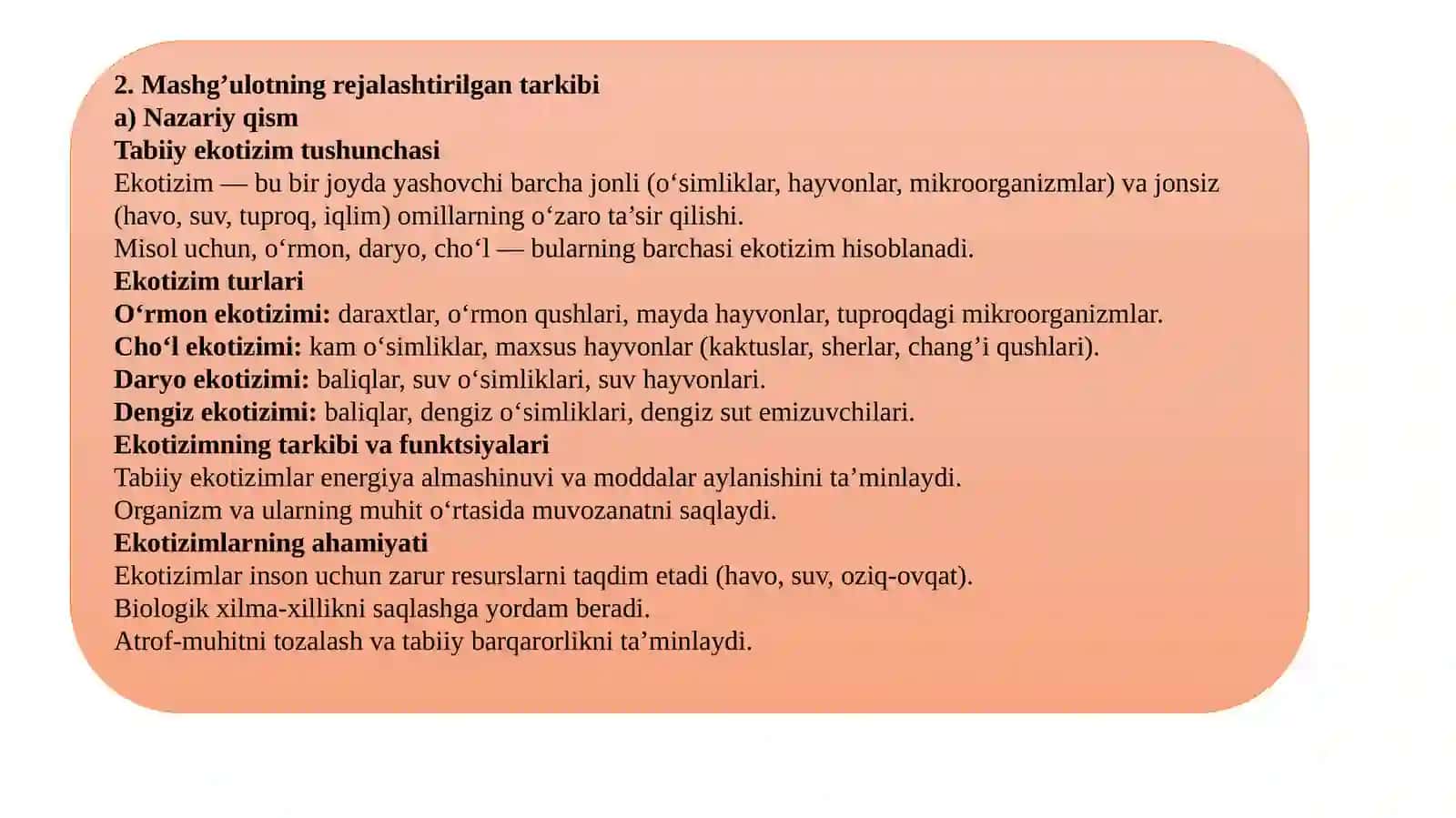 TABIIY EKOTIZIMLAR TO’G’RISIDA MASHG’ULOTLARNI O’TKAZISH METODIKASI 3