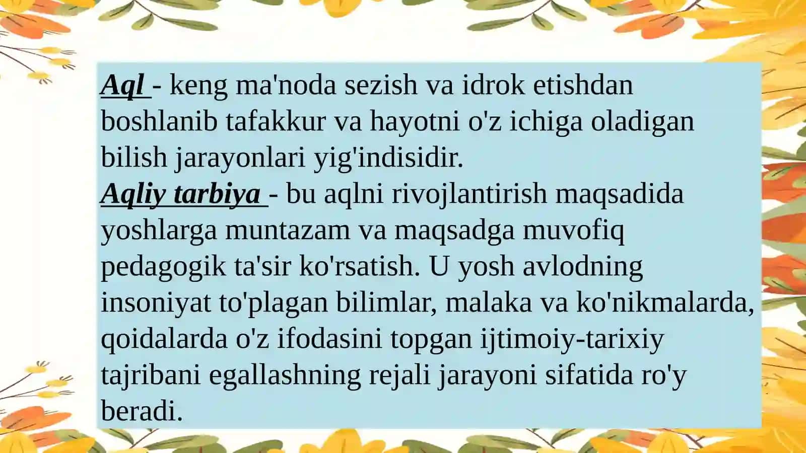 Tabiat bilantanishishda aqliy, axloqiy, jismoniy, estetik, mehnat va iqtisodiy tarbiya turlarini rivojlantirish. MTTda tabiat burchagida terrariumlarni tashkil etish va unday yashovchi hayvonlarni parvarish qilish. Maktabgacha ta’lim tashkilotlarida ekologik tarbiya berishning maqsad va vazifalari 3