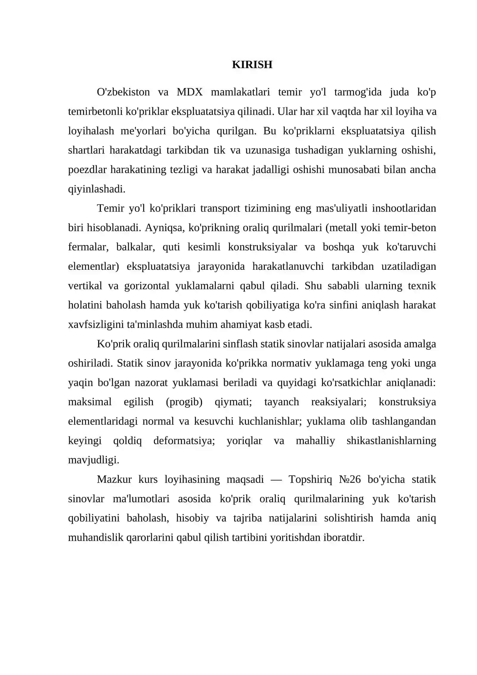 KURS LOYIHA: "Oraliq qurilmalar va harakatlanuvchi tarkibning sinfini aniqlash (statik sinovlar natijalariga ko'ra)" 3