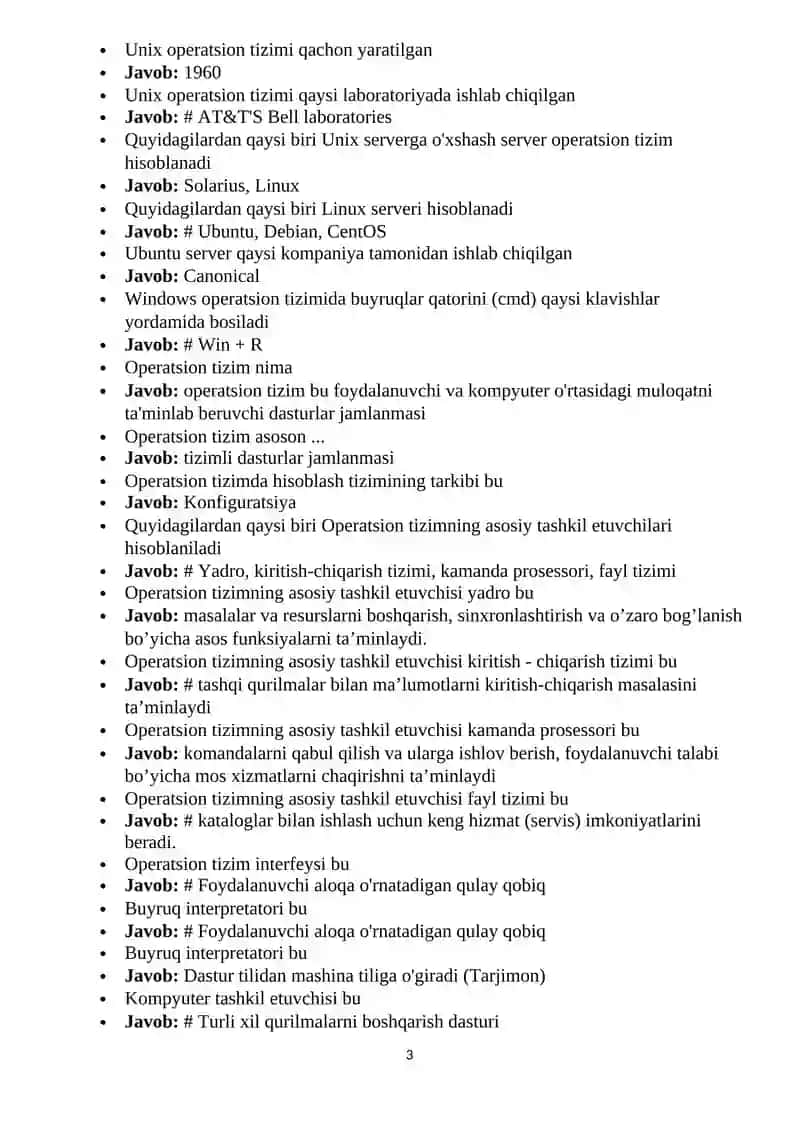 Operatsion tizimlar fanidan testlar 3