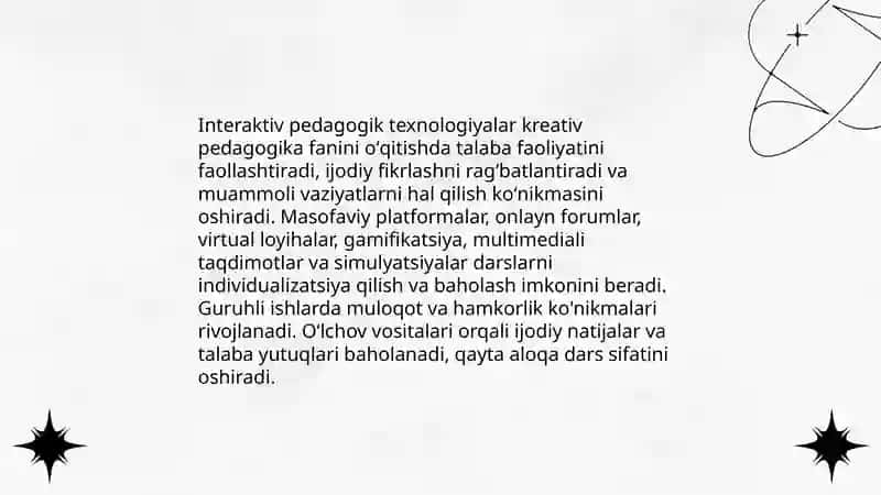 Kreativ pedagogika fanini oʻqitishda pedagogik texnologiyalardan foydalanish 3