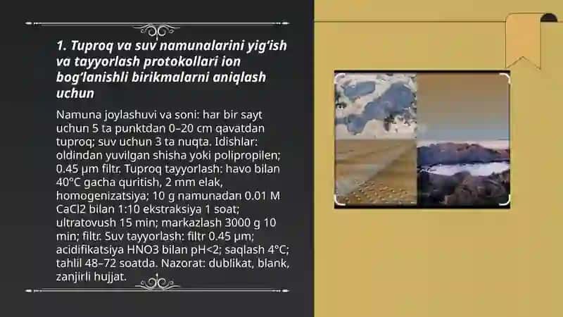 Tuproq suvning ifloslanishida ion bog'lanishli birikmalarni aniqlab ulardan tozalash g'oyasini ishlab chiqish 3
