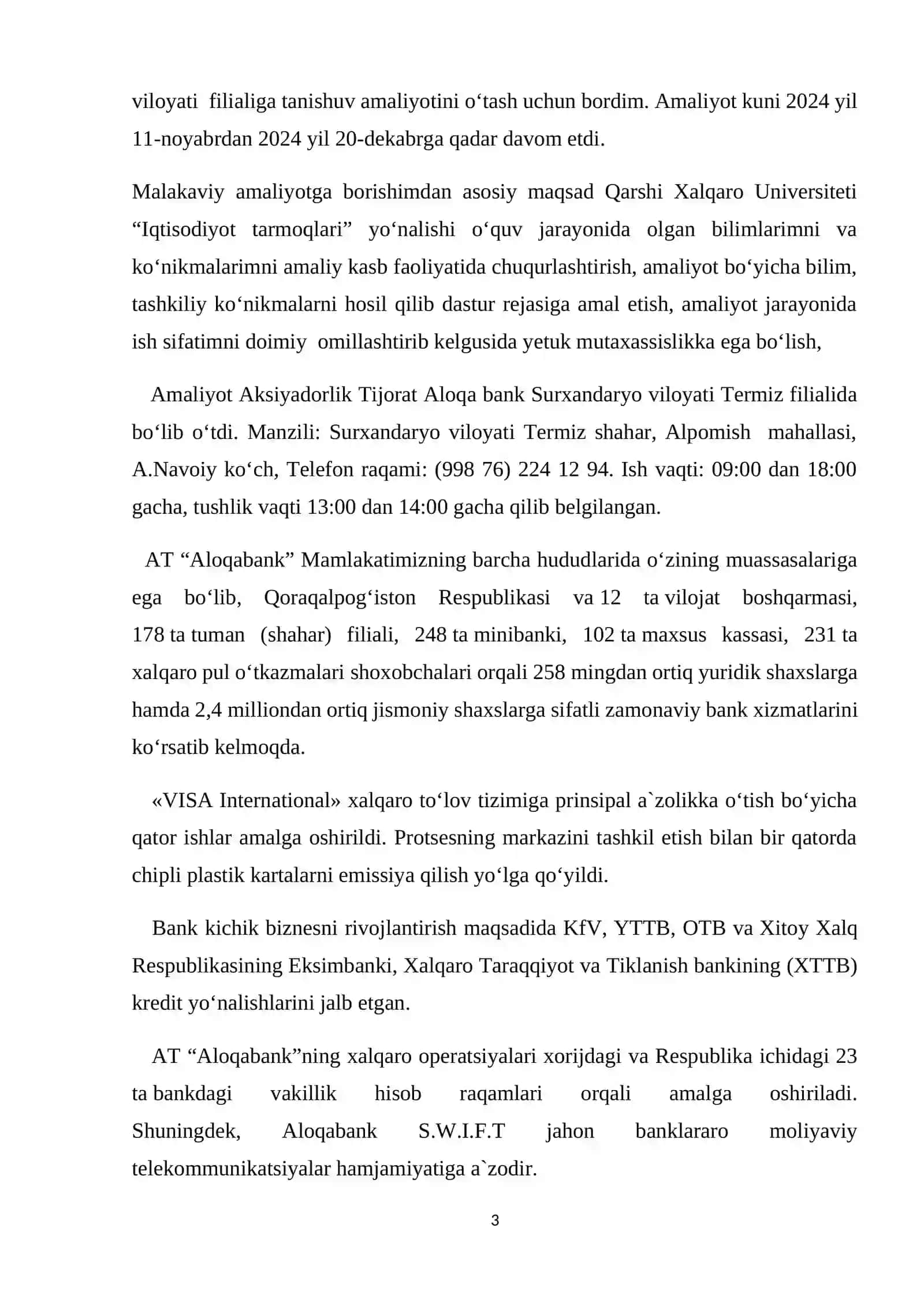 AT «Aloqabank» faoliyatining umumiy tasnifi Aloqabank hisoboti 3