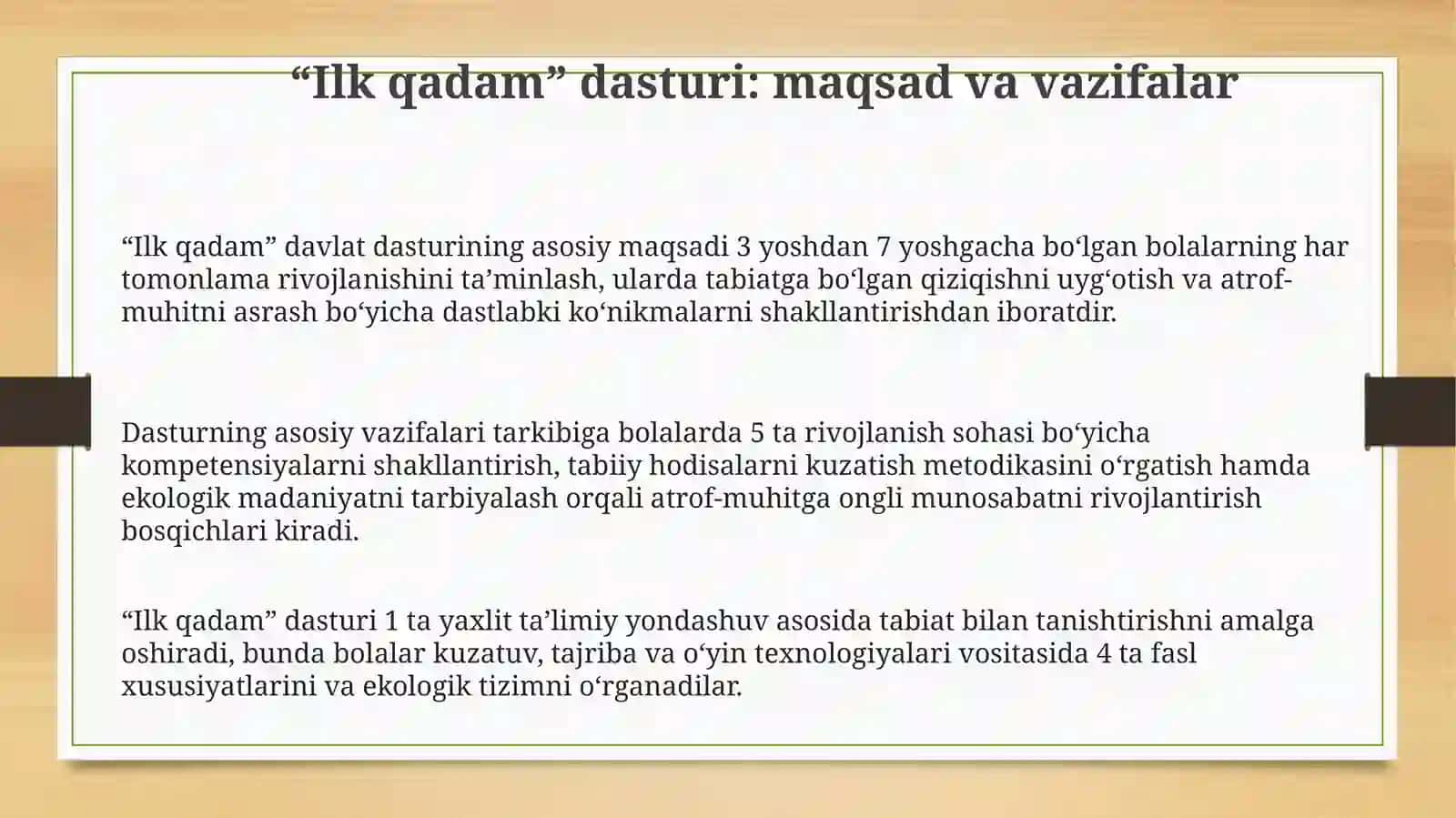 Ilk qadam davlat dasturida tabiat bilan tanishtirish mazmuni 3