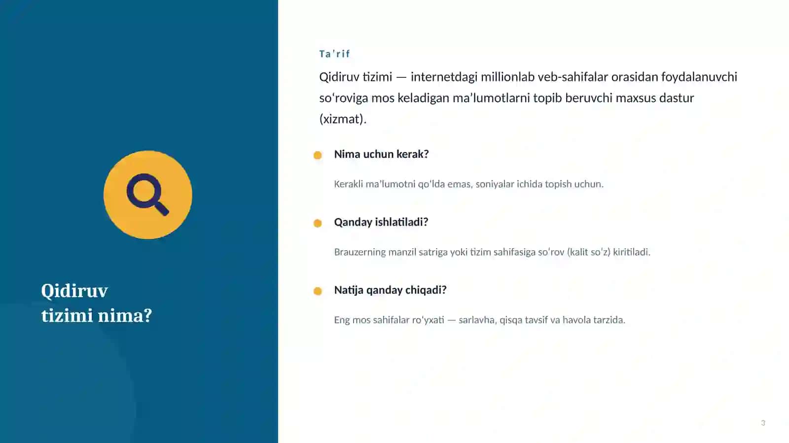 INFORMATIKA • Qidiruv tizimlarida ishlashni boshlash. Qidiruv tizimlari. 5-sinf 3