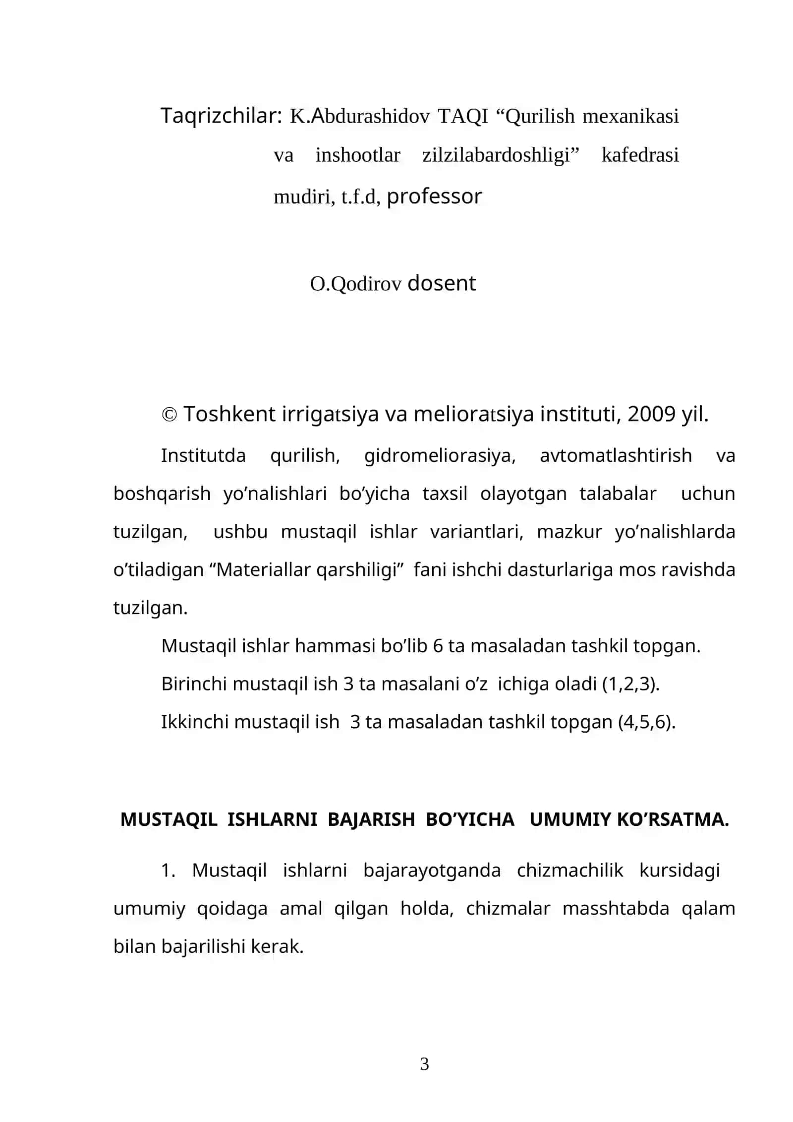 “MАTЕRIАLLАR QАRSHILIGI” fаnidаn mustаqil tоpshiriqlаrni bаjаrish bo’yichа uslubiy ko’rsаtmа III- qism 3