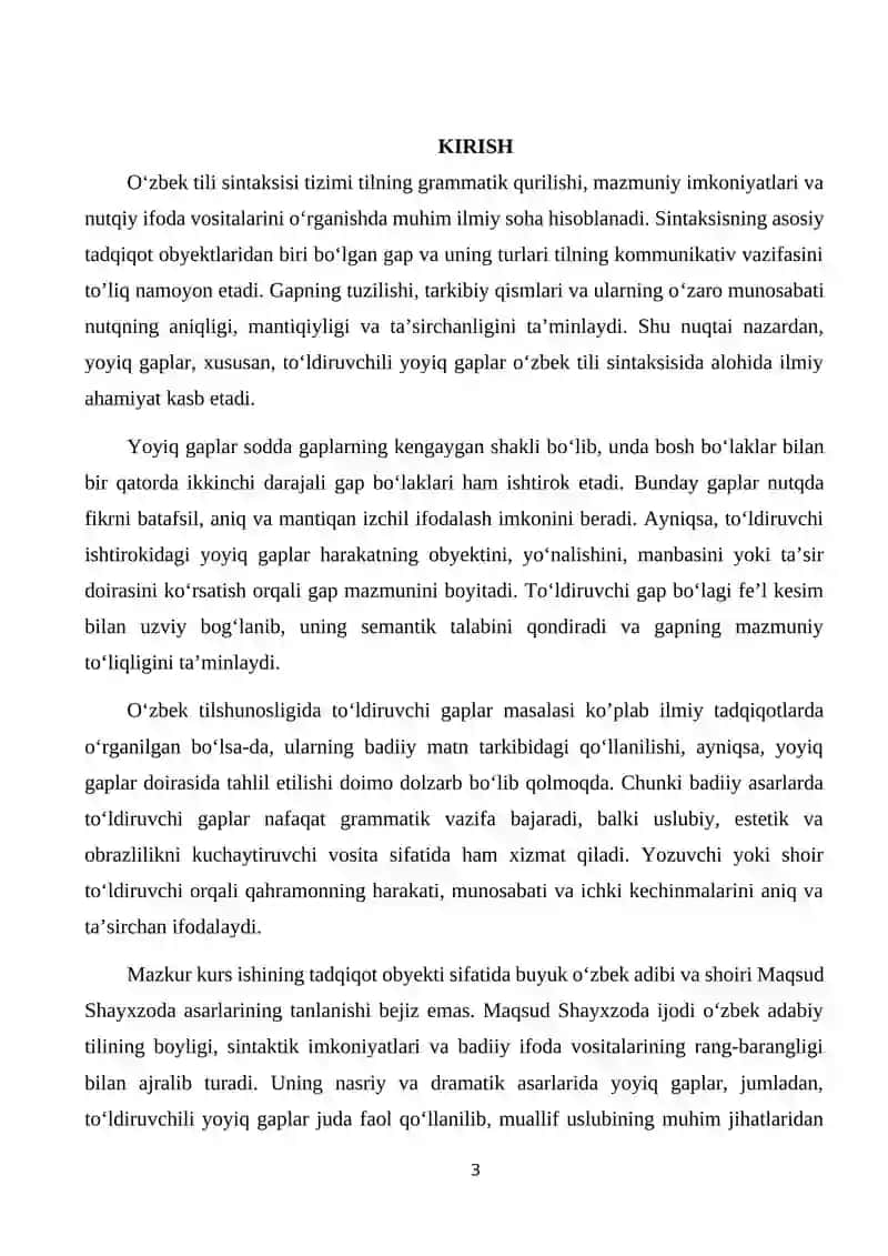 Oʻzbek tilida toʻldiruvchili yoyiq gaplar ( Maqsud Shayxzoda asarlari misolida) 3
