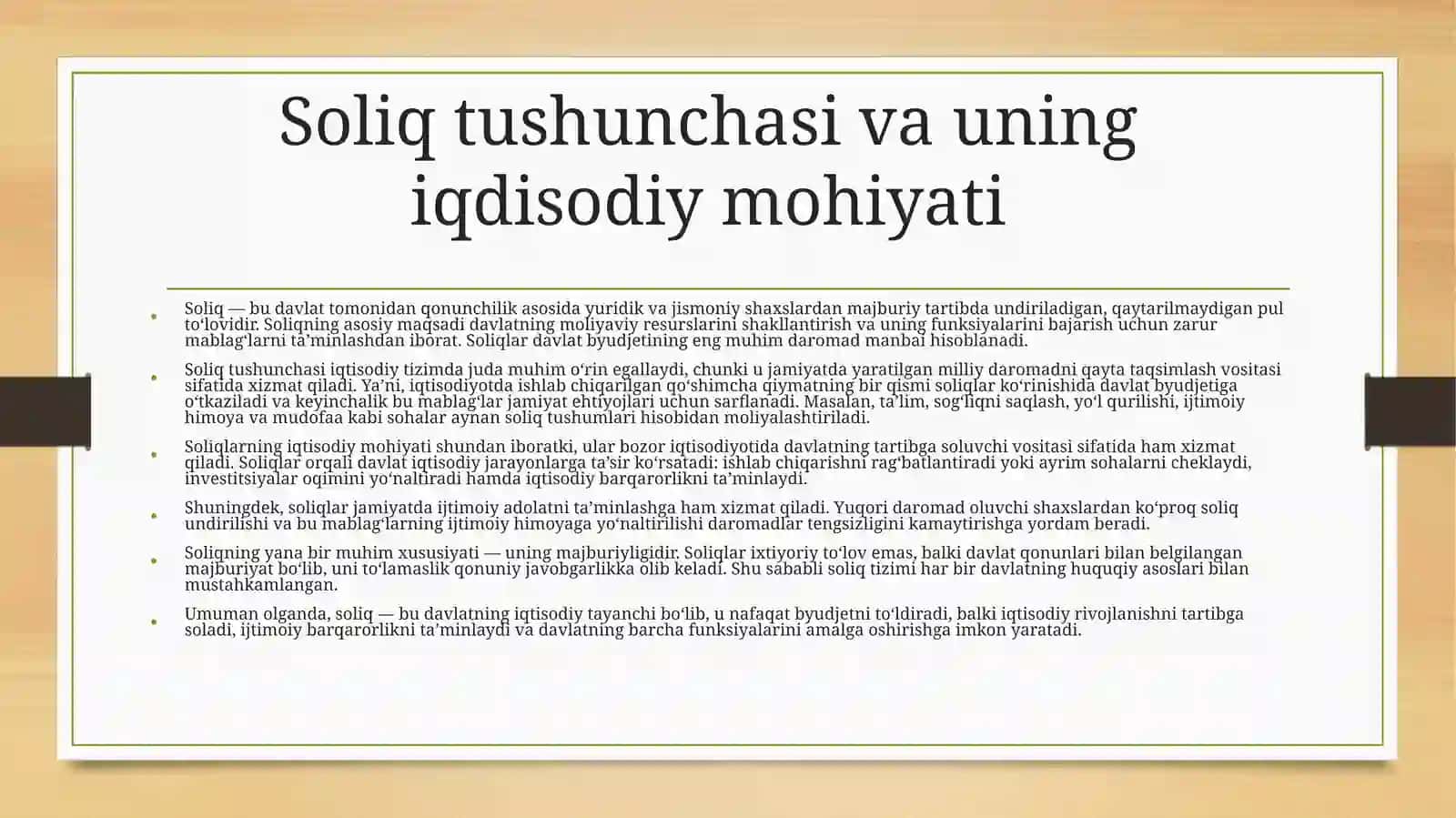 Soliq huquqi fanidan 1-Mavzu: Soliq tushunchasi. Uning to'lovlari va yig'imlardan farqi vazifa prinsipi 3