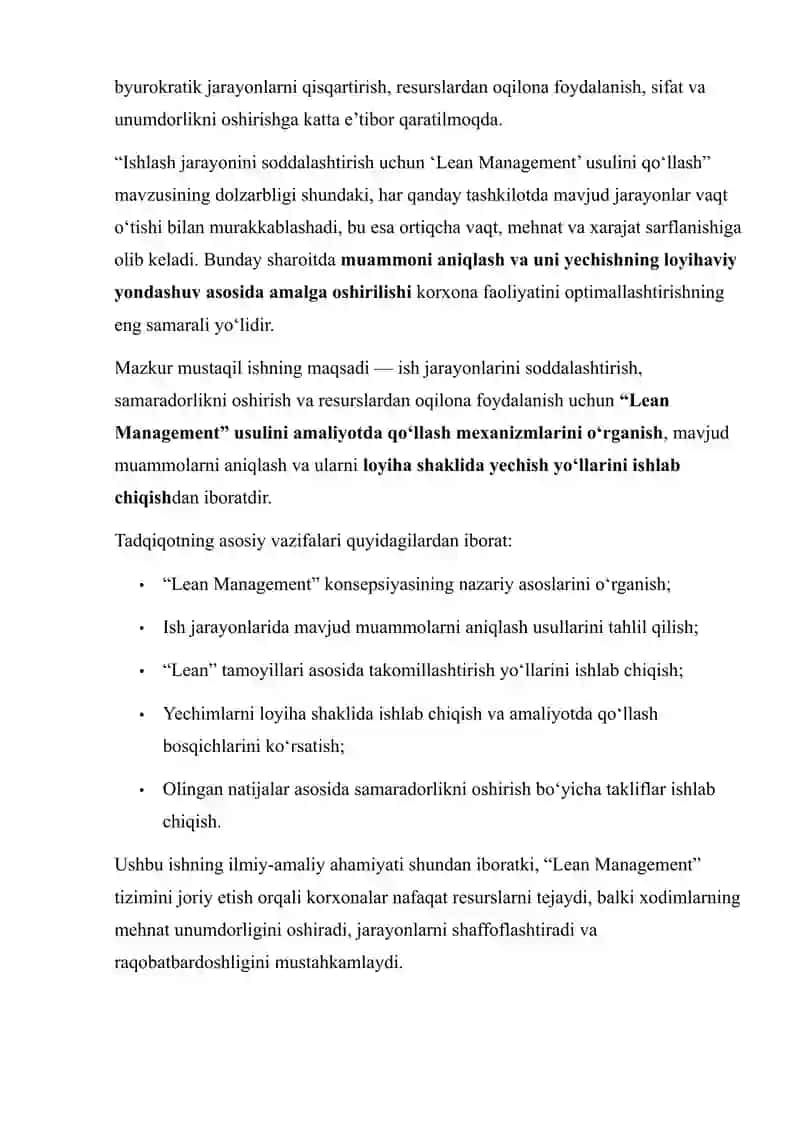 ISHLASH JARAYONINI SODDALASHTIRISH UCHUN “LEAN MANAGEMENT” USULINI QO‘LLASH: MUAMMONI ANIQLASH VA YECHIMLARNI LOYIHA SHAKLIDA ISHLAB CHIQISH 3