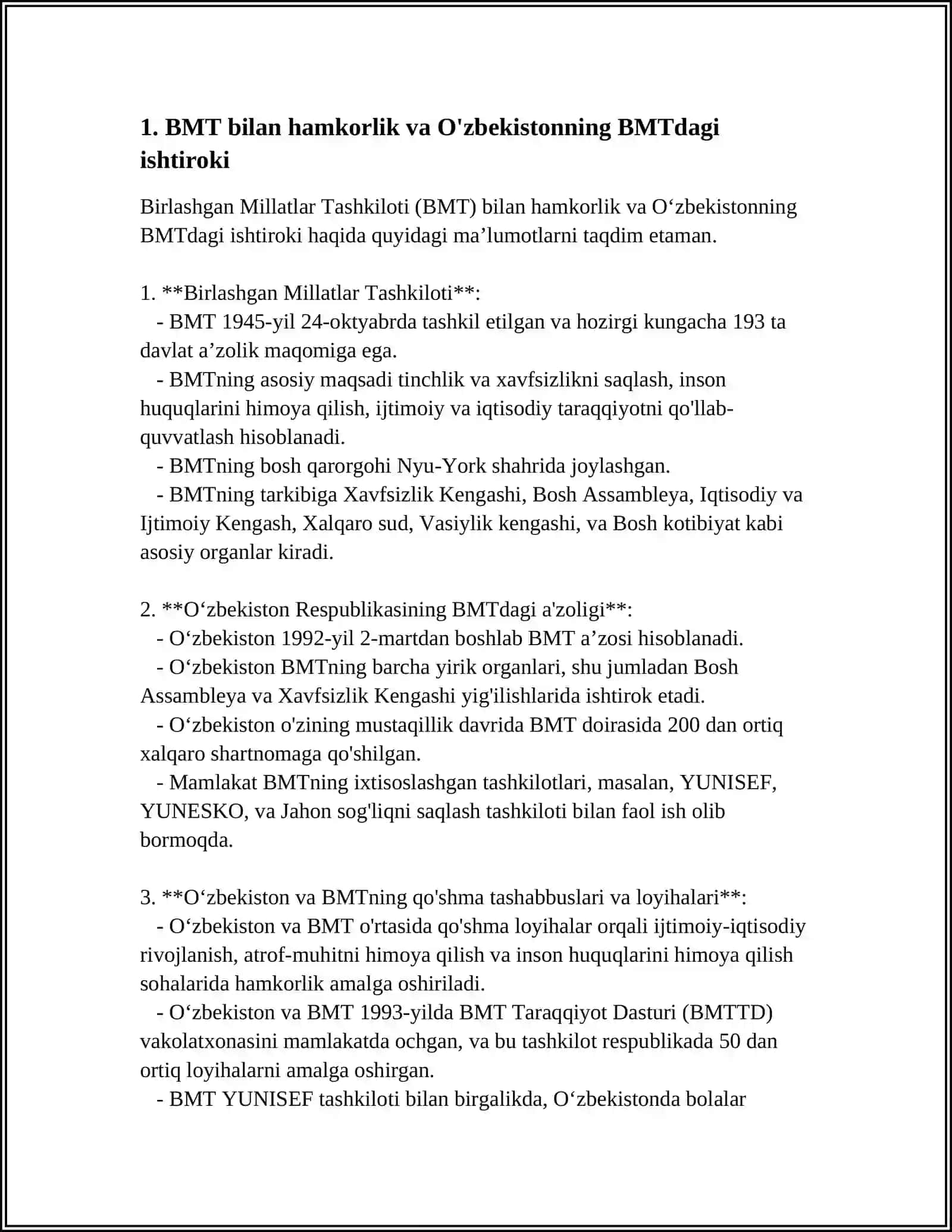 O'ZBEKISTONNING XALQARO TASHKILOTLAR BILAN HAMKORLIK ALOQALARI 3