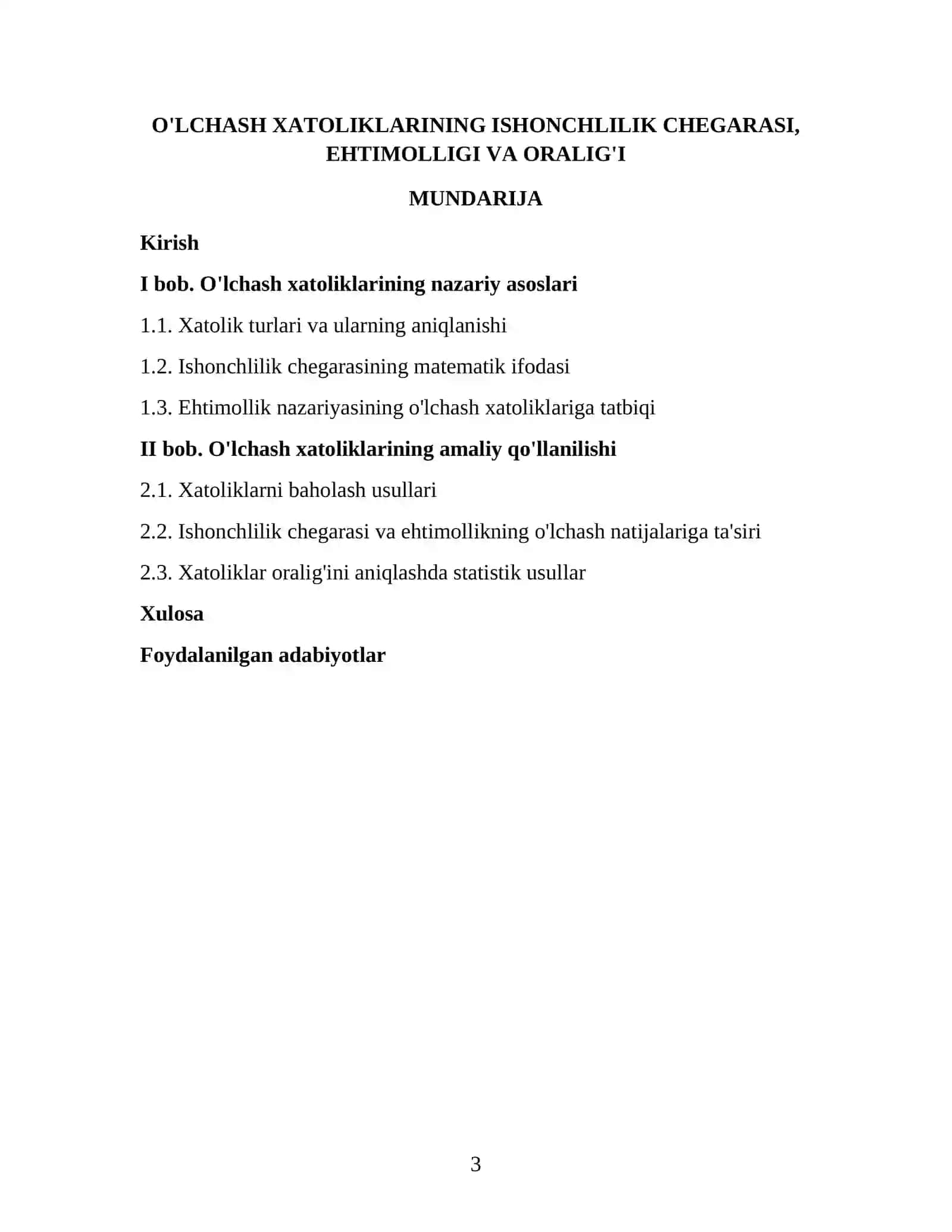 O'LCHASH XATOLIKLARINING ISHONCHLILIK CHEGARASI, EHTIMOLLIGI VA ORALIG'I KURS ISHI 3