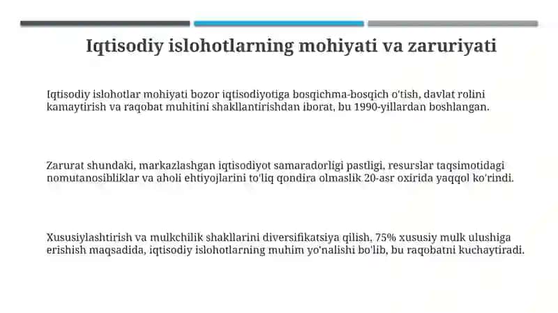Iqtisodiy islohotlar xususiy mulkchilikning shakllanishi 3