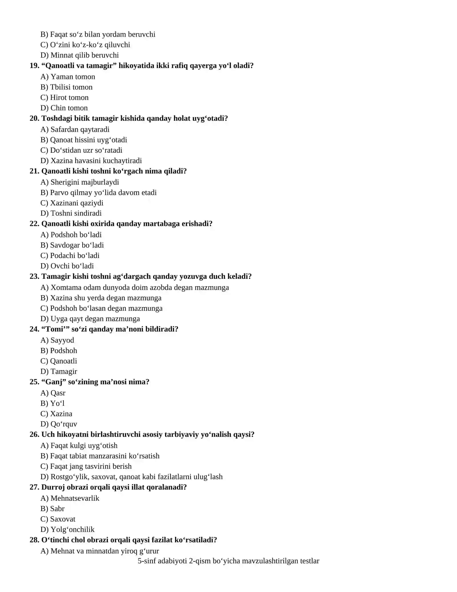 5-SINF ADABIYOTI 2-QISM BO'YICHA MAVZULASHTIRILGAN TESTLAR 3