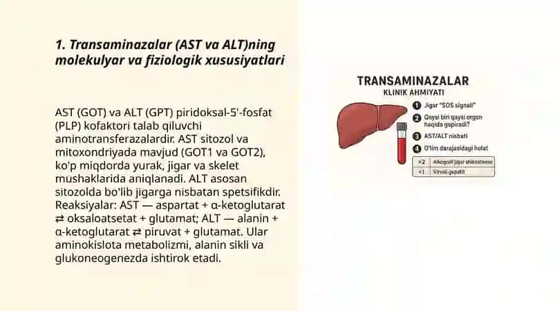 Transaminazalarning klinik ahamiyati. Katepsinlar va ularning klinik ahamiyati. Giperammoniemiya turlari, ularning tashxis qoʻyishda klinik ahamiyati 3