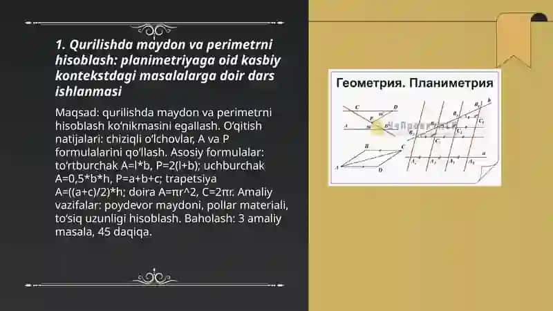 Planimetriyaga oid kasbiy kontekstdagi masalalarga doir dars ishlanmasini tayyorlash 3