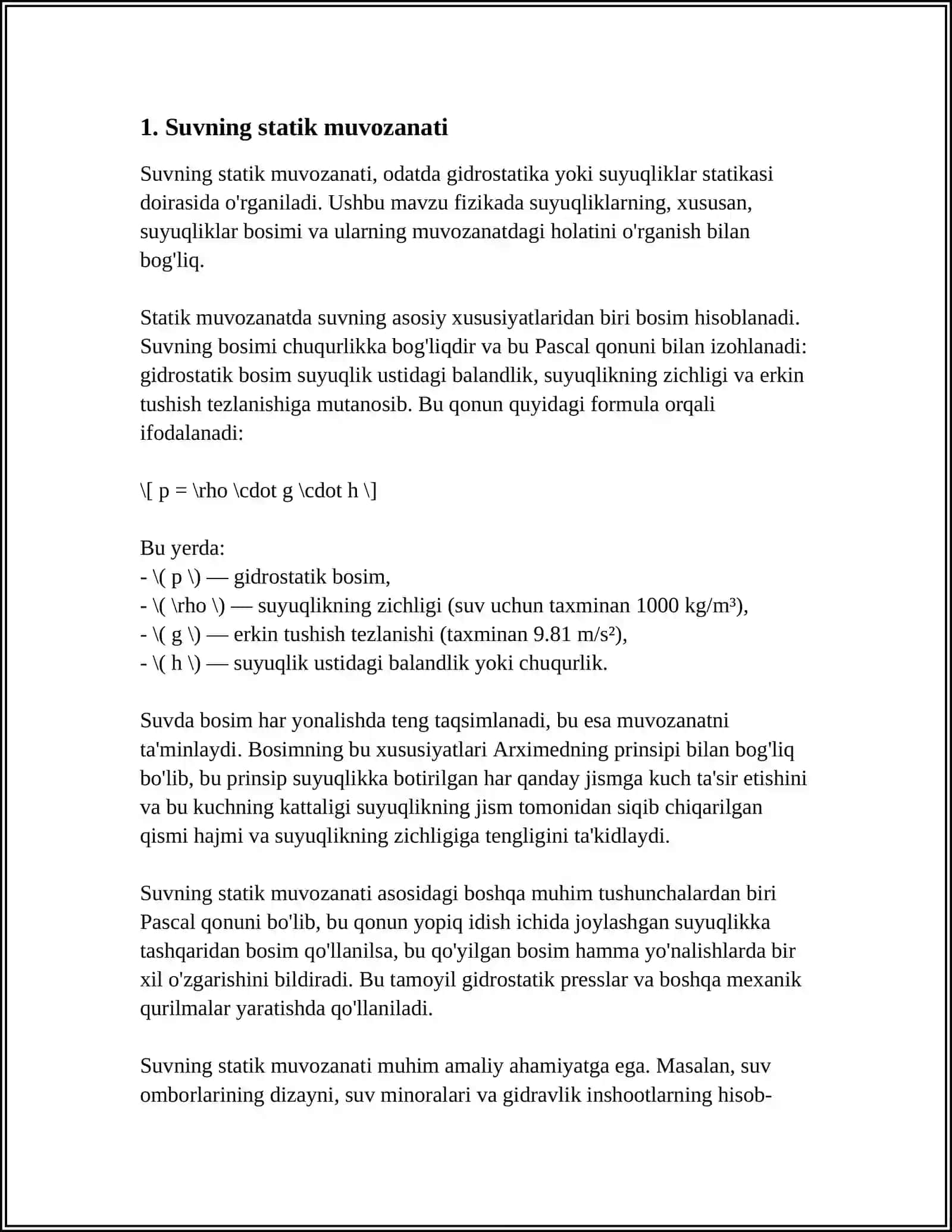 SUYUQLIKLARNI MUVOZANAT HOLATIGA, GIDROSTATIKANING ASOSIY TENGLAMASI 3