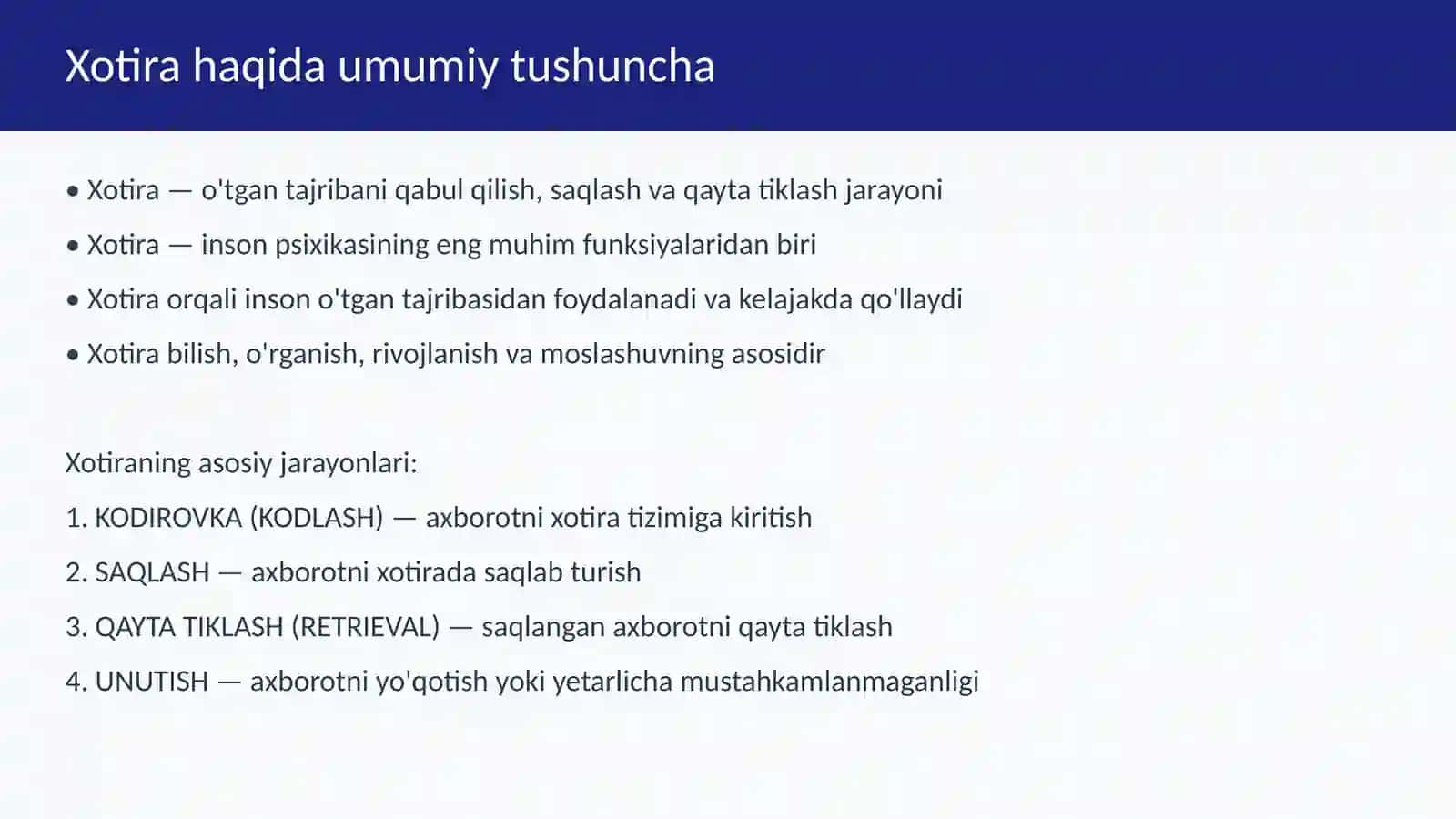 Xotirani taʼminlovchi miya tizimlari. Ixtiyorsiz, ixtiyoriy xotira. Obrazli xotira 3