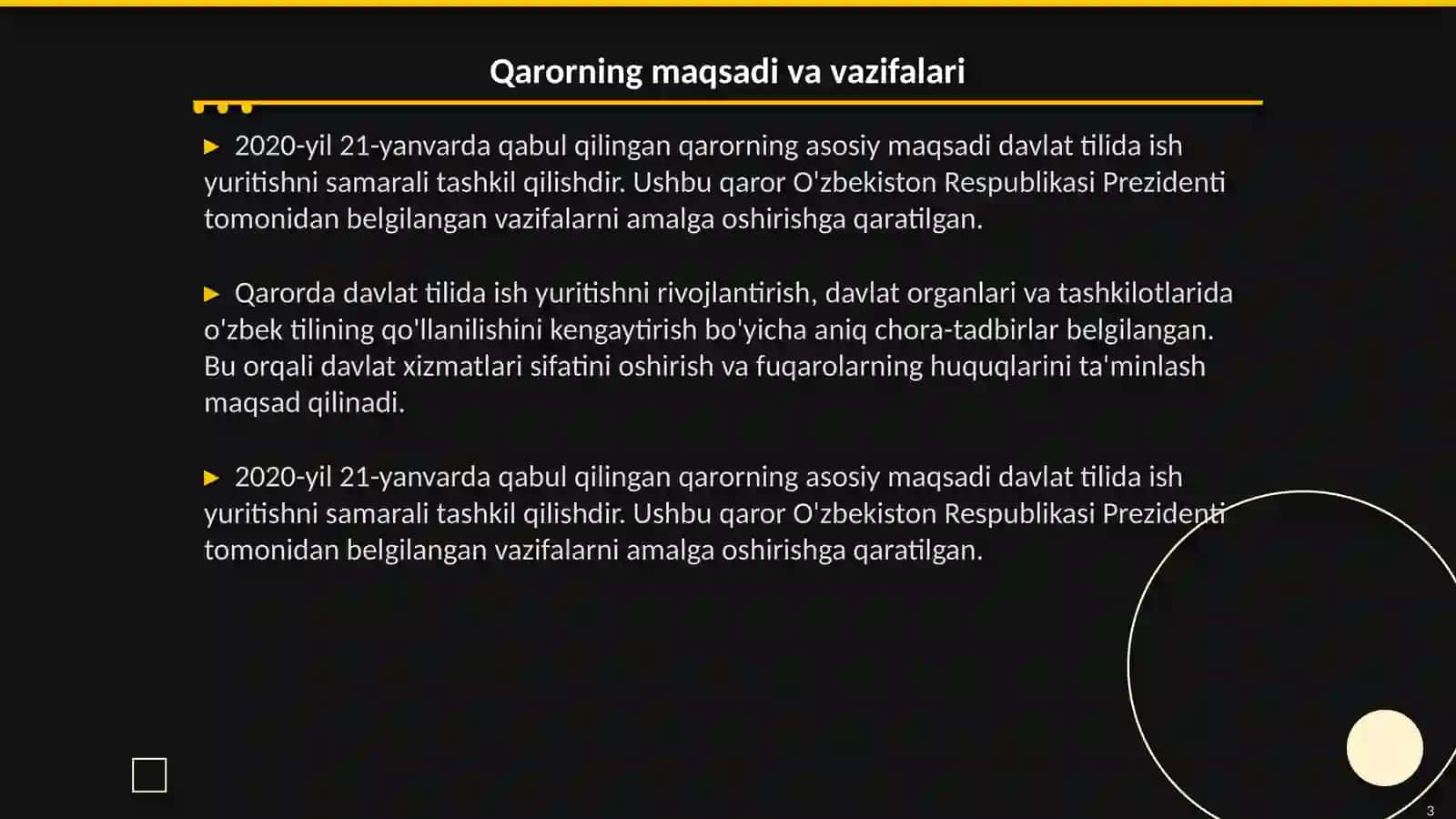 O'zbekiston Respublikasi Vazirlar mahkamasining " Mamlakatimizda davlat tilida ish yuritishni samarali tashkil qilish chora-tadbirlari to'g'risida" gi qarori 3