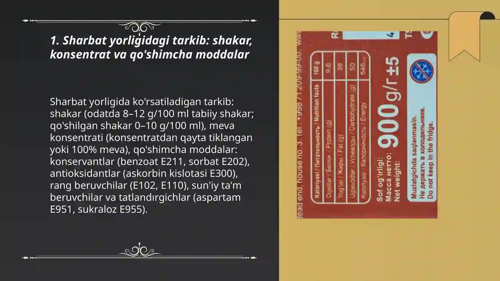 Oziq ovqat mahsulotlarining tarkibi, foydali, zararli xususiyatlarini yorliq orqali oʻrganish 3