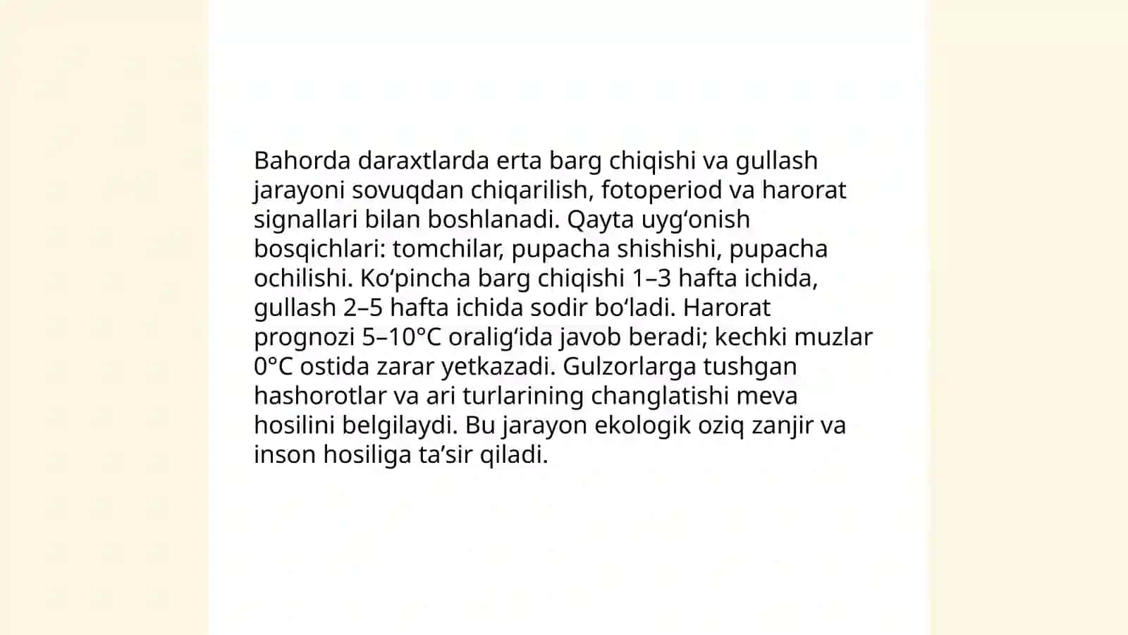 Bahorda daraxtlarni uygʻonishi hayvonlar va hashorotlar haqida suhbat oʻtkazish 3