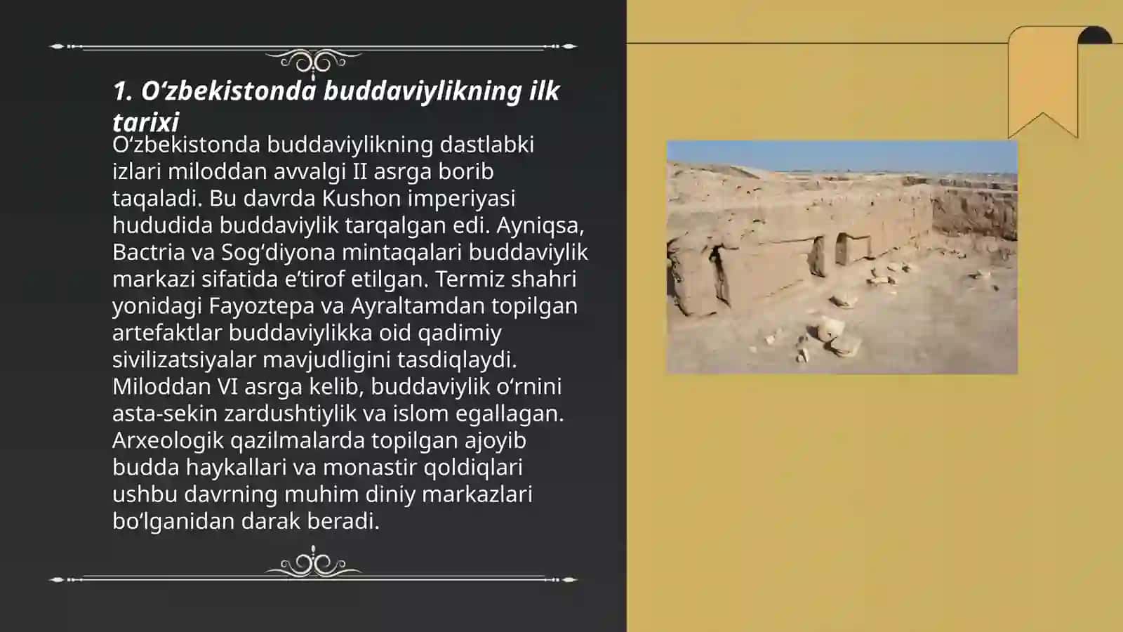 Oʻzbekistonda buddaviylik dinining tarixiy ildizlari(Qaratepa,Fayoztepa,Dalvarzintepa) va hozirgi zamon 3