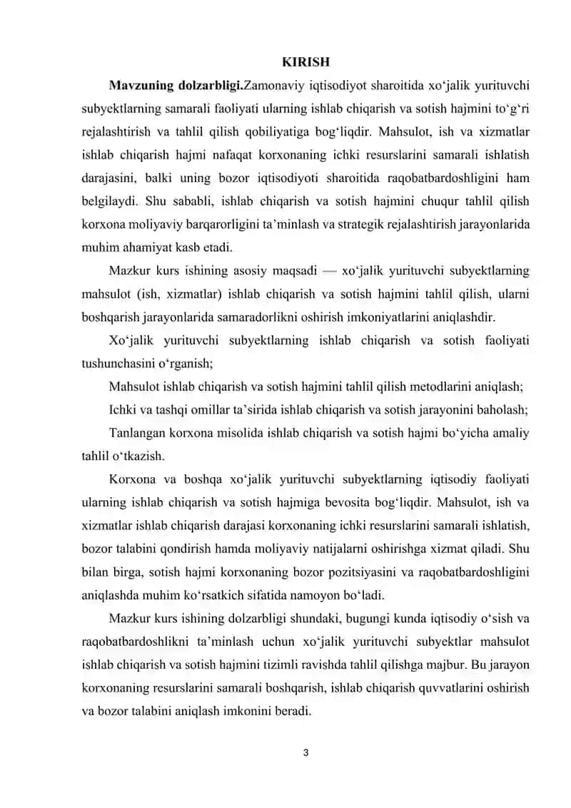 XO’JALIK YURITUVCHI SUBYEKTLARNING MAXSULOT (ISH,XIZMATLAR) ISHLAB CHIQARISH VA SOTISH HAJMINI TAHLILI. 3