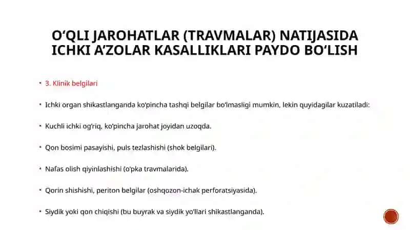 O‘qli jarohatlar(travmalar) natijasida ichki a’zolar kasalliklari paydo bo‘lishi 3