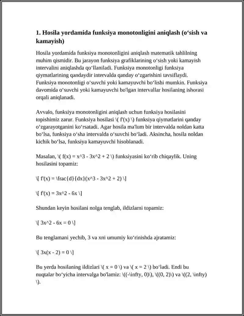 XOSILA YORDAMIDA FUNKSIYALARNI TEKSHIRISH. ROLL, LAGRANJ VA KOSHI TEOREMALARI. LOPITAL QOIDASI 3