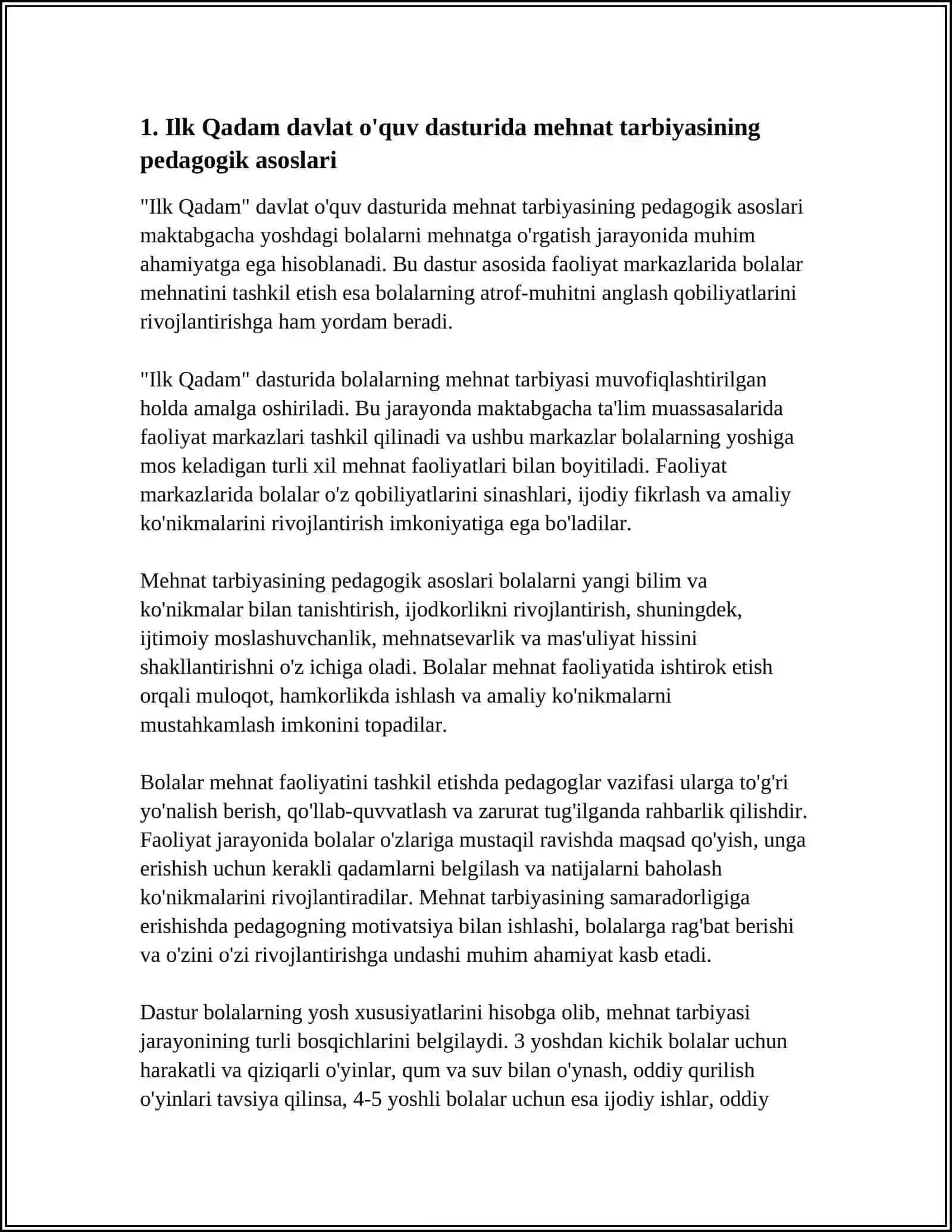 ILK QADAM DAVLAT O'QUV DASTURI ASOSIDA FAOLIYAT MARKAZLARIDA MAKTABGACHA YOSHDAGI BOLALAR MEHNATINI TASHKIL ETISH 3