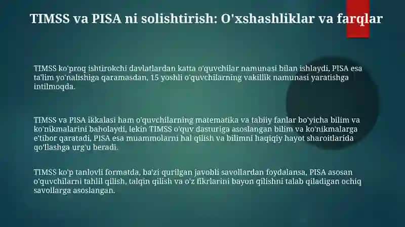 TIMSS va PISA Xalqaro baholash dasturining standardlari (Frame Work) da qayt etilgan topshiriqlar namunalari va ulardan foydalanish metodikasi 3