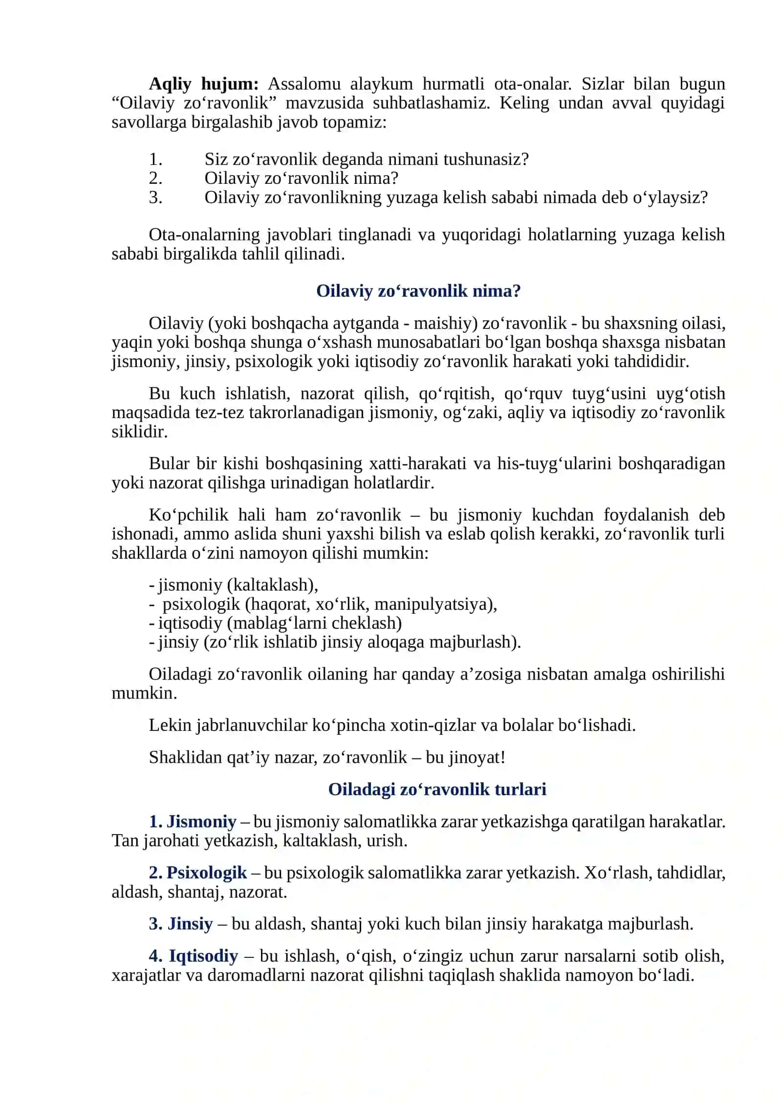 “Oilaviy zoʻravonlik” mavzusida ota-onalar uchun o‘tkaziladigan seminar-trening ishlanmasi 3