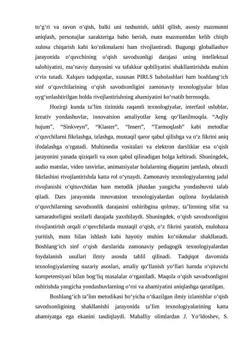 BOSHLANG‘ICH SINF O‘QISH SAVODXONLIGI DARSLARIDA ZAMONAVIY PEDAGOGIK TEXNOLOGIYALARDAN FOYDALANISH METODIKASI 3