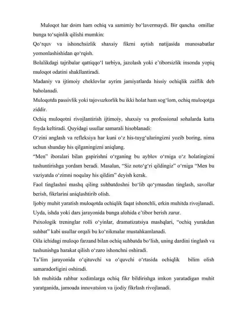 Ochiq va samimiy muloqot hamda jamoaviy ishlashni rivojlantirish: samarali strategiyalar. 3
