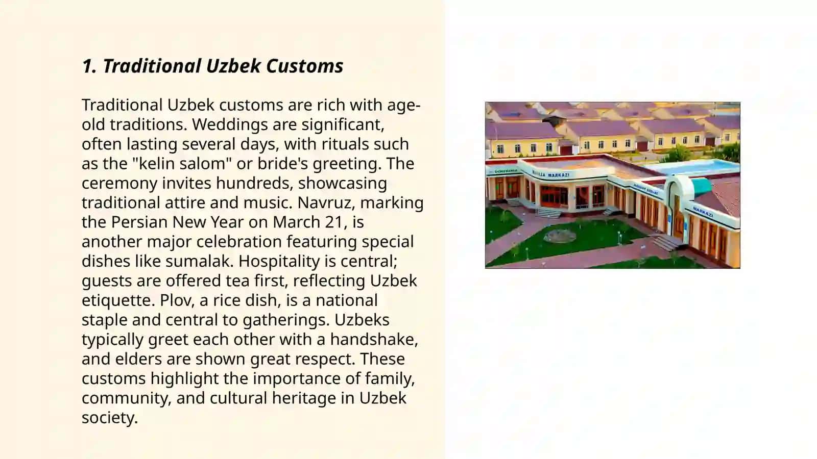 O'zbekistonning urf odatlari, milliy taomlari, geografik joylashuvi, iqlimi, sanoati, milliy boyliklari haqida ma'lumot yig'ish 3